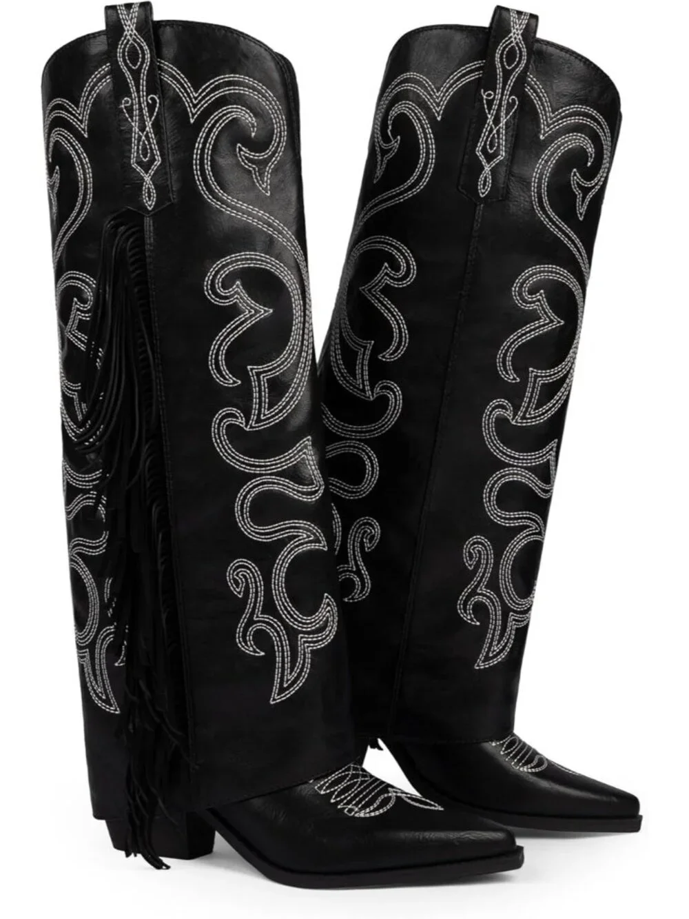 Women's Black Knee High Cowboy Boots Chunky Block High Heel Half Zipper